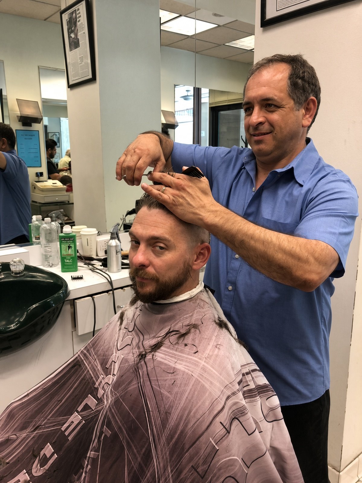 Un barbero haciendo un corte a tijera en una silla de Puglisi